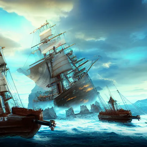 Image similar to ancient ship battle, highly detailed, photorealistic portrait, bright studio setting, studio lighting, crisp quality and light reflections, unreal engine 5 quality render