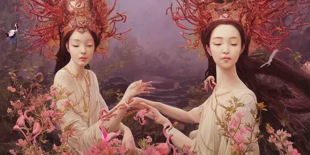 Image similar to breathtaking detailed concept art painting of the goddess of flamingo, orthodox saint, with anxious, piercing eyes, ornate background, epic composition, amalgamation of leaves and flowers, by Hsiao-Ron Cheng and John James Audubon and Miho Hirano, extremely moody lighting, 8K