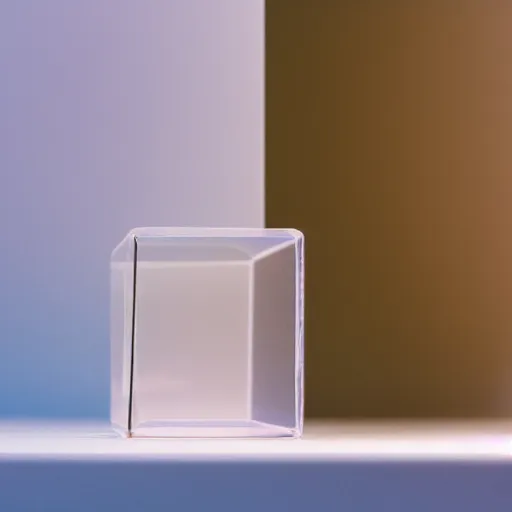 Prompt: an ultra high definition professional studio quality photograph of a transparent perspex cube shaped pastel coloured mug on a white plinth in an empty white room. dramatic lighting, ray tracing, refraction, shallow d. o. f, colour corrected, golden ratio, three point light.