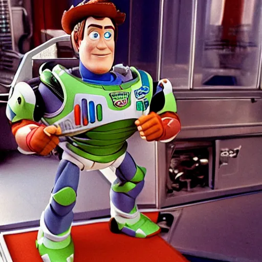 Image similar to professional photo of Robert Downey Jr. as small as an action figure on the set of the movie Toy Story