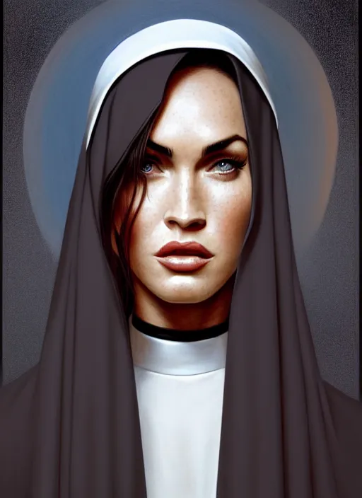 Image similar to portrait of megan fox as a sultry nun, bible, catholic, religion, cross, prayer, church, intricate, headshot, highly detailed, digital painting, artstation, concept art, sharp focus, cinematic lighting, illustration, art by artgerm and greg rutkowski, alphonse mucha, cgsociety
