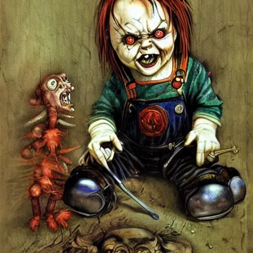 Image similar to fantasy painting of chucky by judson huss and henriette grindat and albrecht durer | horror themed | creepy