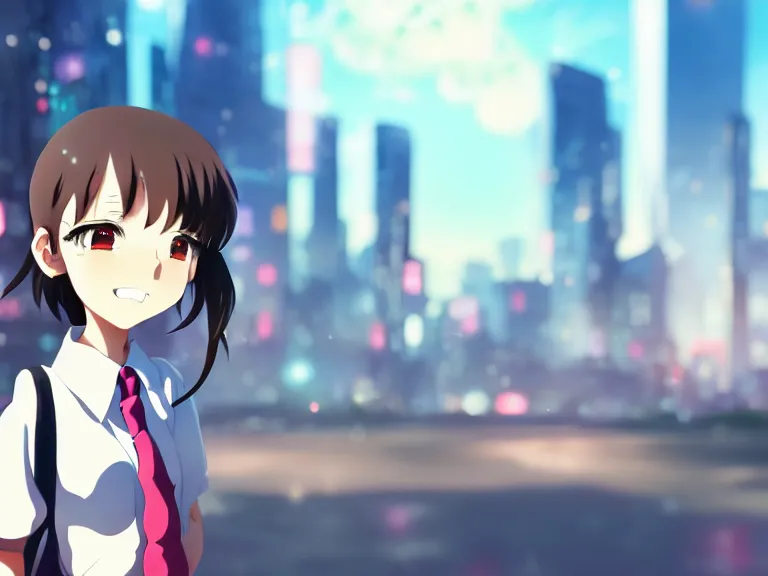 Image similar to anime fine details portrait of joyful school girl in front of cyberpunk moder city landscape on the background deep bokeh, close-up view, anime masterpiece by Studio Ghibli. 8k, sharp high quality anime, artstation