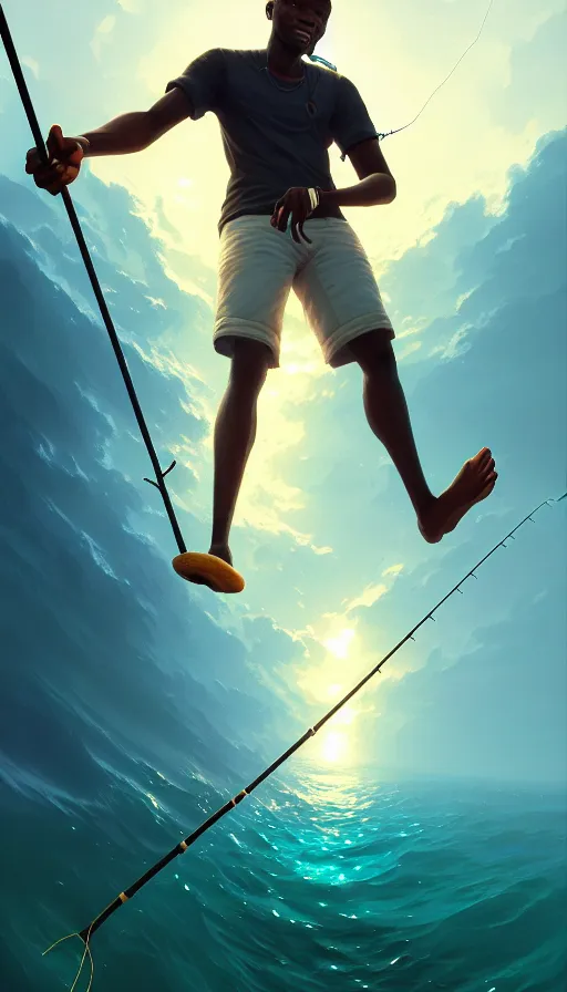 Image similar to highly detailed portrait of a young modern jamaican man fishing with a magical glowing fishing rod weapon, ocean background, unreal engine, fantasy art by greg rutkowski, loish, rhads, makoto shinkai and lois van baarle, ilya kuvshinov, rossdraws, tom bagshaw, global illumination, radiant light, detailed and intricate environment