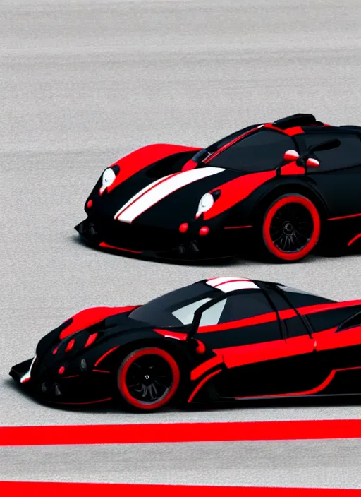 Prompt: Black with red striped Pagani Zonda R cornering on a racetrack, 3D render at 16K resolution,