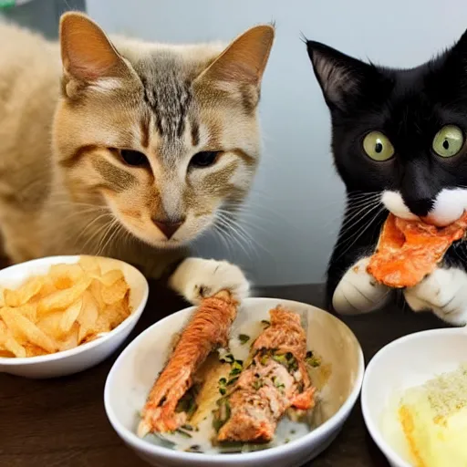 Image similar to Cat mukbang, crunching, chewing, licking, savory fish, delicious tuna