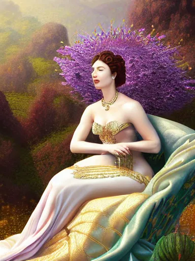 Image similar to venus, the empress, wearing a magnificent dress, sitting on a divan in the middle of a beautiful green plains full of little flowers. intricate, elegant, highly detailed, digital painting, artstation, concept art, sharp focus, illustration, by justin gerard and artgerm, 8 k