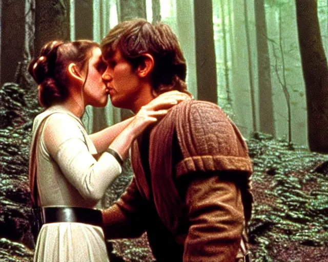 Image similar to luke skywalker, princess leia and han solo hugging and kissing in the forest of endor at the end of return of the jedi