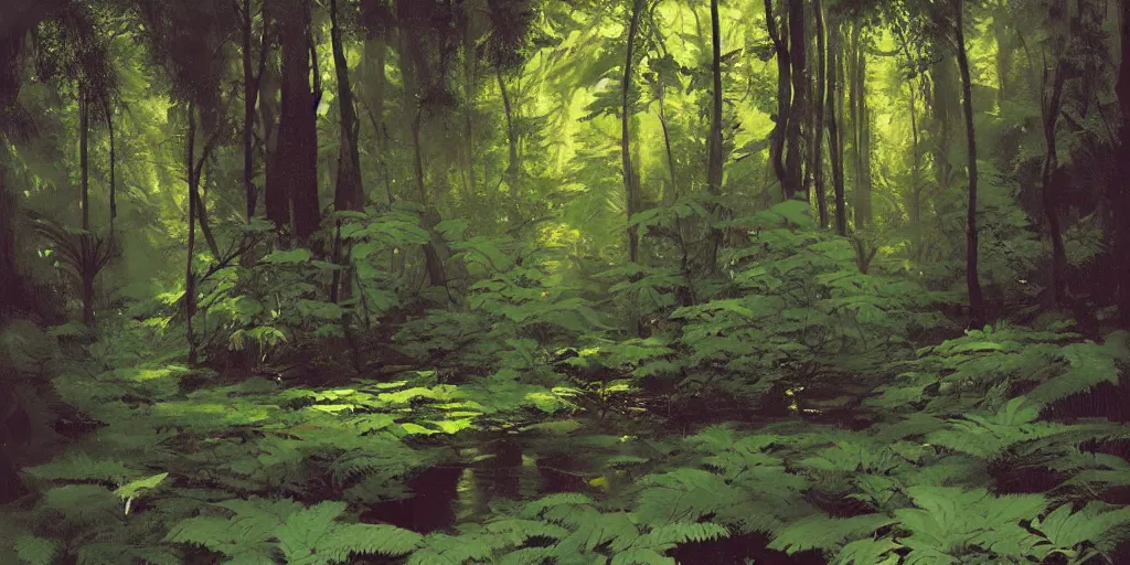 Prompt: beautiful fern forest with a creek abd redwoods, dappled light, intricate, elegant, highly detailed, greg manchess, mucha, liepke, ruan jia, jeffrey catherine jones, ridley scott