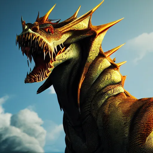 Image similar to portrait of the most fierce dragon ever , photorealistic, intense lighting, unreal engine