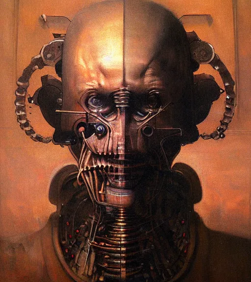 Prompt: beautiful oil clean painting biomechanical portrait of man connected to the machine by wayne barlowe, rembrandt, complex, old, stunning