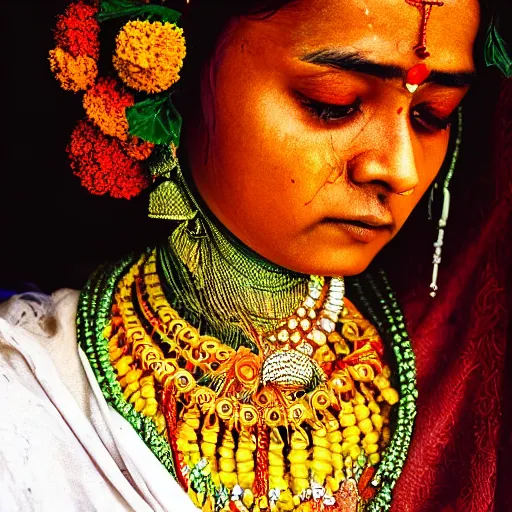 Image similar to realistic expired fuji film portrait of strange india woman mix, marigold celestial vibe, hyperrealism, hypermaxiymalism, photorealistic, detailed, atmospheric, 8 k, award winning photography, cinematic