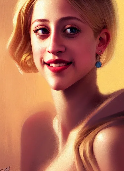 Image similar to portrait of lili reinhart, smiling kindly, bangs, 1 9 6 0 s, ponytail, bangs and ponytail, intricate, elegant, glowing lights, highly detailed, digital painting, artstation, concept art, smooth, sharp focus, illustration, art by wlop, mars ravelo and greg rutkowski