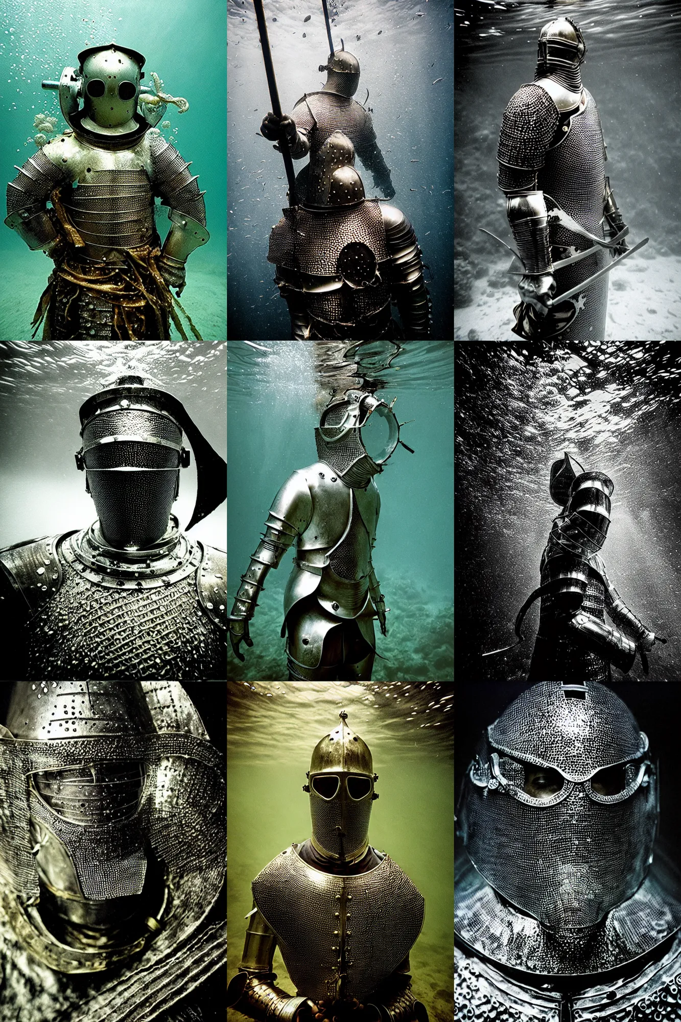 Prompt: Underwater photo of a beautiful medieval knight by Trent Parke, close up, metallic patterns, clean, detailed