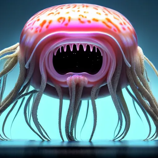Prompt: a beautiful extreme wide photograph of a super cute jellyfish monster with huge sad eyes and sharp fangs in a wide open mouth, highly detailed, smooth, very very clean, 8 k, cinematic movie photograph, cinematic lighting, octane render, zbrush central contest winner, 3 d maya render
