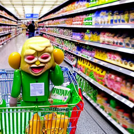 Prompt: a supermarket where every shopping cart includes a tiny, angry clone of donald trump that sits in the basket and screams for the duration of your shopping trip