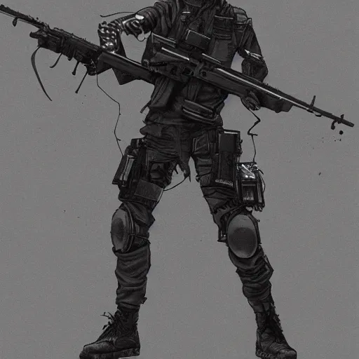 Prompt: cyberpunk soldier in tactical gear with a rifle, Industrial Scifi, detailed illustration, Chiaroscuro, concept art, by Martin Grip and Moebius