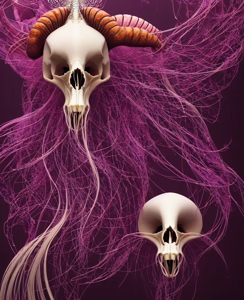 Image similar to goddess close-up portrait goat skull. jellyfish phoenix head, nautilus, orchid, skull, betta fish, bioluminiscent creatures, intricate artwork by Tooth Wu and wlop and beeple. octane render, trending on artstation, greg rutkowski very coherent symmetrical artwork. cinematic, hyper realism, high detail, octane render, 8k