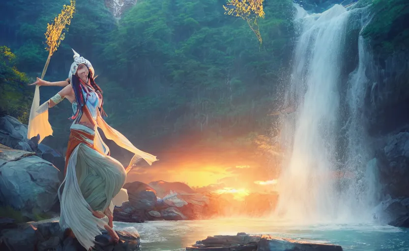 Image similar to Himalayan priestess dancing on water, beautiful flowing fabric, waterfalls, sunset, dramatic angle, 8k hdr pixiv dslr photo by Makoto Shinkai rossdraws and Wojtek Fus