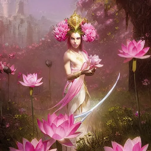 Image similar to Lotus floral crown girl, pink Lotus queen, epic fantasy style art by Craig Mullins, fantasy epic digital art, epic fantasy card game art by Greg Rutkowski