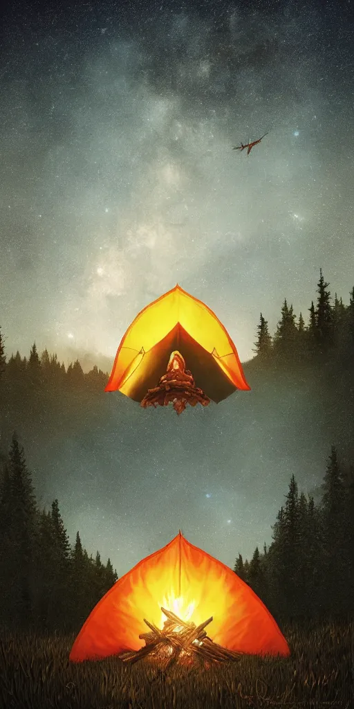 Image similar to symmetry!! they are tent camping by the campfire under a sky full of stars, surreal landscape, golden hour, very detailed, perfect composition, perfect lighting, 4 k, trending on artstation, greg rutkowski, derek zabrocki, artgerm, chuck close