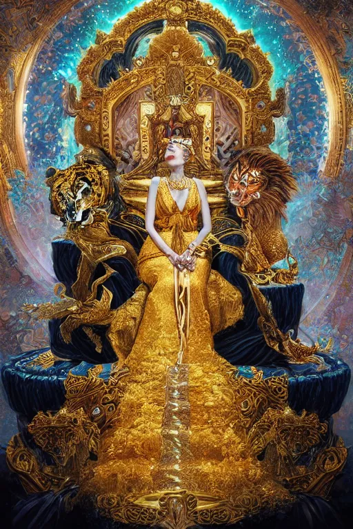 Image similar to ultradetailed painting of a beautiful grand empress on a throne made of gold and Jewels with a single white tiger guardian at her side by Karol Bak, magical realism, volumetric lighting, depth of field, 4k