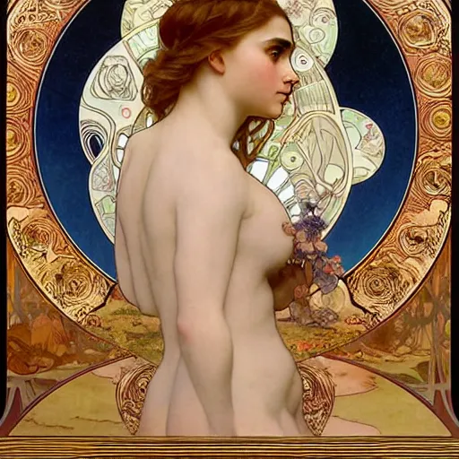 Prompt: detailed portrait art nouveau painting of the goddess of the moon, backlit, who resembles cyborg robot woman Chloe Grace Moretz, and Emma Watson with anxious, piercing eyes, by Alphonse Mucha, Michael Whelan, William Adolphe Bouguereau, John Williams Waterhouse,and Donato Giancola