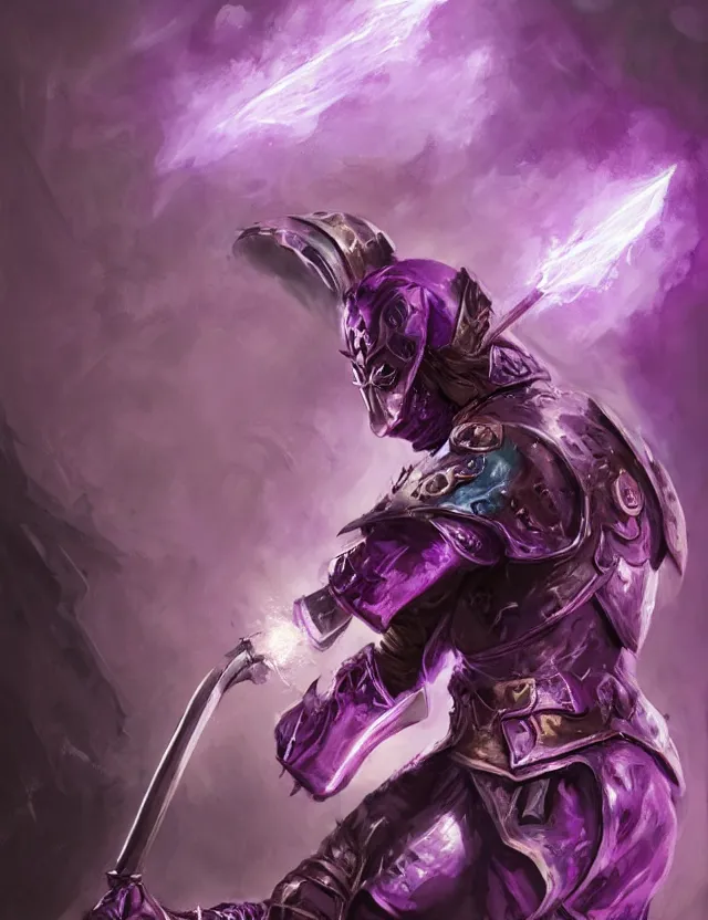 Image similar to a masked warrior in purple armour glowing violet, wielding a large purple sword that flashes with lightning, by frank fazetta and peter mohrbacher, trending on artstation, digital art, 4 k resolution, detailed, high quality, hq artwork, coherent, insane detail, concept art, character concept, character full body portrait