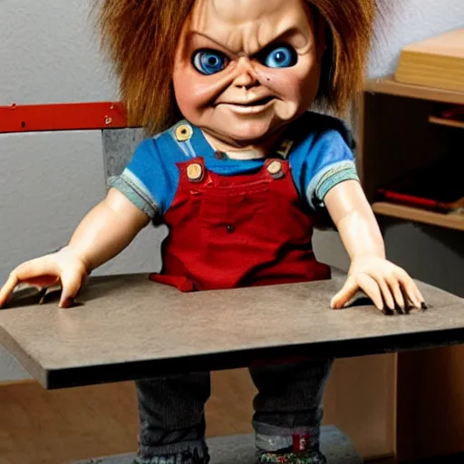 Prompt: chucky the killer doll standing on a work bench table