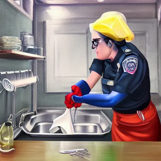 Image similar to A police officer wearing rubber gloves to wash dishes in kitchen, highly detailed, ambient lighting, trending on art station