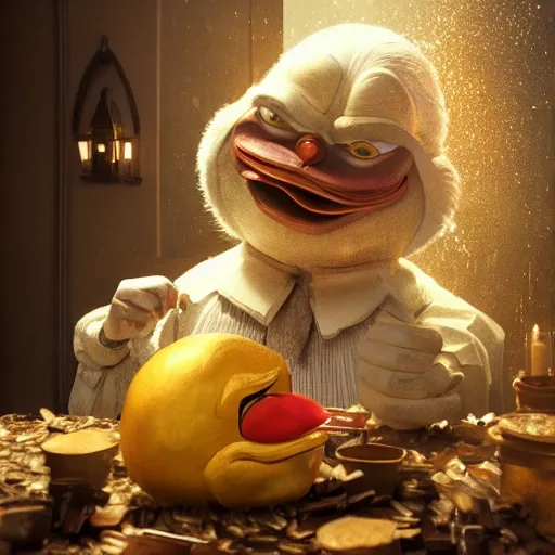 Image similar to hyperrealistic mixed media image of Scrooge McDuck, stunning 3d render inspired art by István Sándorfi and Greg Rutkowski, perfect facial symmetry, realistic, highly detailed attributes and atmosphere, dim volumetric cinematic lighting, 8k octane extremely hyper-detailed render, post-processing, masterpiece,