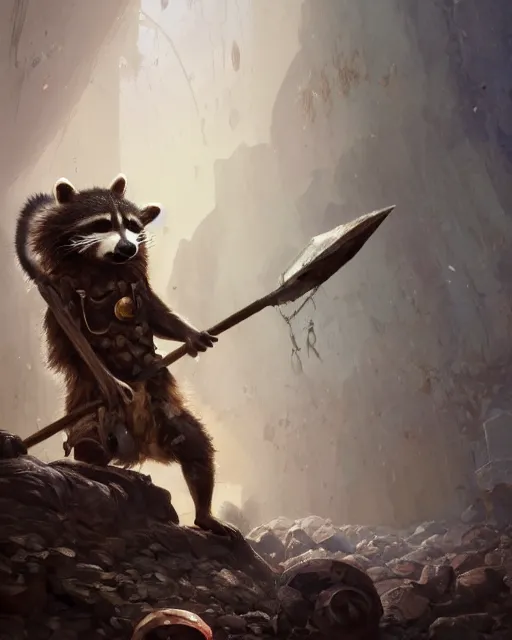 Image similar to oil painting of poor anthropomorphized raccoon miner mining gold, pickaxe, close shot, full body, dark steampunk mine shaft background, sad expression, dirty, sharp focus, fantasy style, octane render, volumetric lighting, 8k high definition, by greg rutkowski, highly detailed, trending on art Station, dungeons and dragons artwork, centered