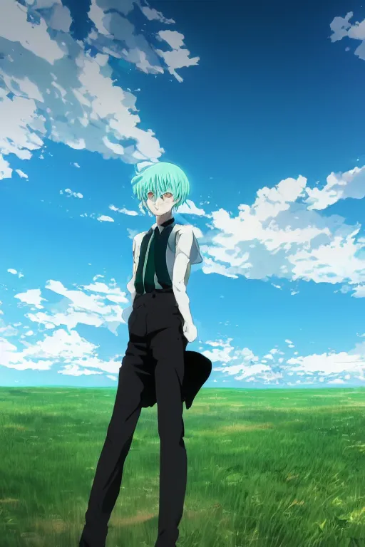 Prompt: 3D CG anime Land of the Lustrous Houseki no Kuni character Phos person with a large chest size made of shiny light bluegreen gem rock standing in a grassy field on a sunny day wearing a white business shirt with black tie and black shorts, ocean shoreline can be seen on the horizon, beautiful composition, 3D render, sleek, 8k, key visual, made by Haruko Ichikawa, Makoto Shinkai, studio Ghibli, Kyoto Animation