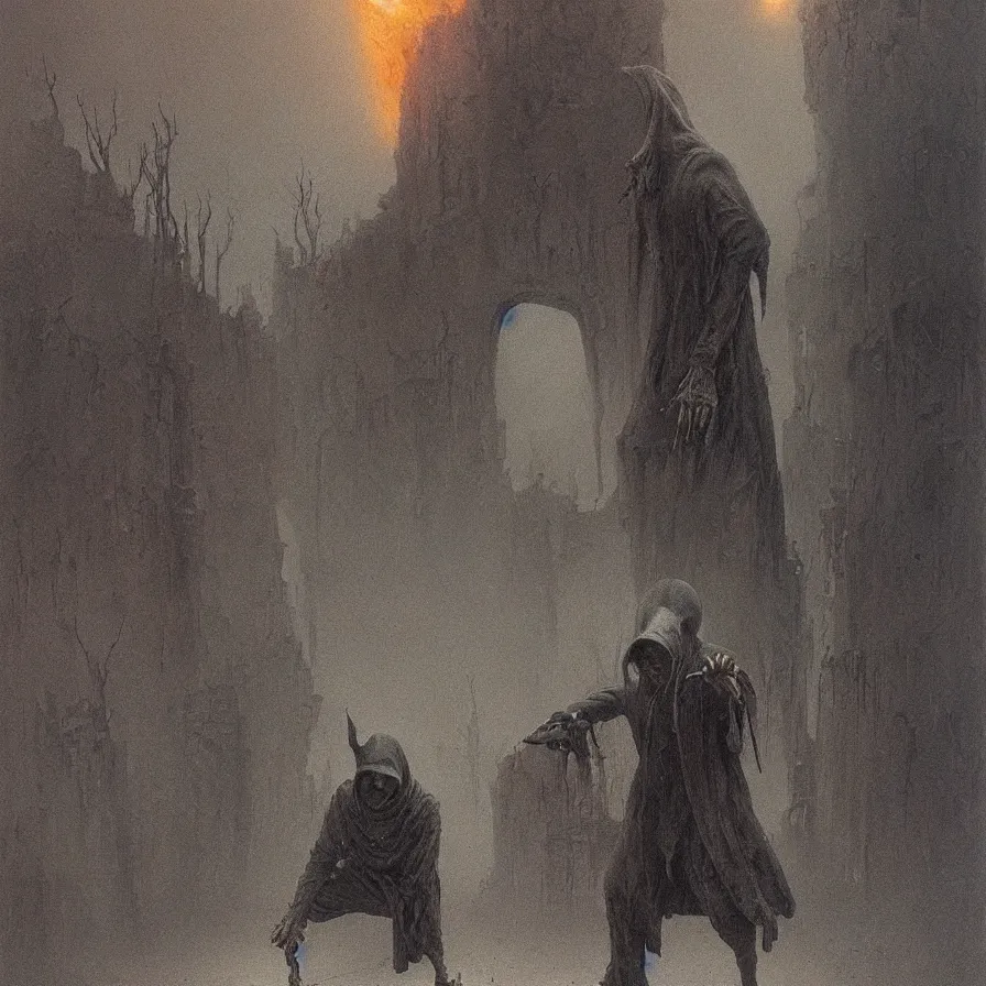 Image similar to plague doctor from iron gridle but human form, destroyed city and flames by zdzislaw beksinski, color