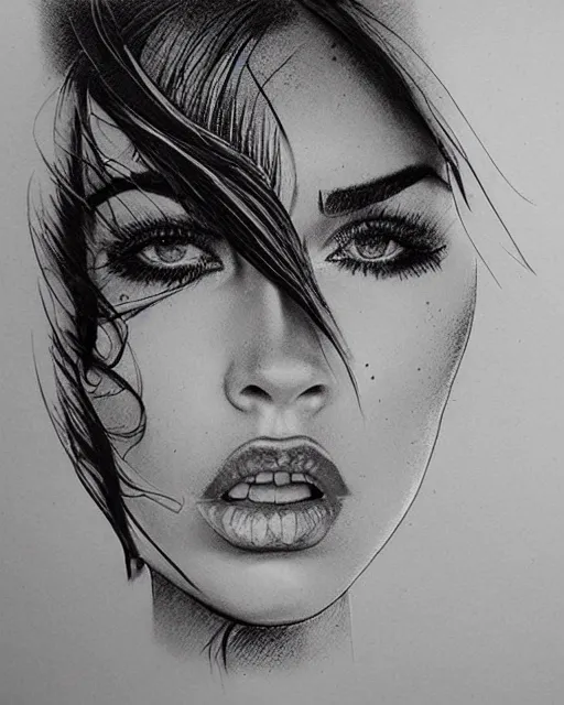 Prompt: megan fox face mash up with beautiful mountain scenery, in the style of dan mountford, tattoo sketch, double exposure, hyper realistic, amazing detail, black and white