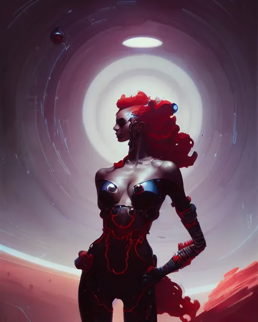 Prompt: masterpiece concept art, a beautiful highly detailed sci - fi lady, confident pose, by peter mohrbacher and jae lee, 8 k, intricate detail, cinematic lighting, red white and black colors
