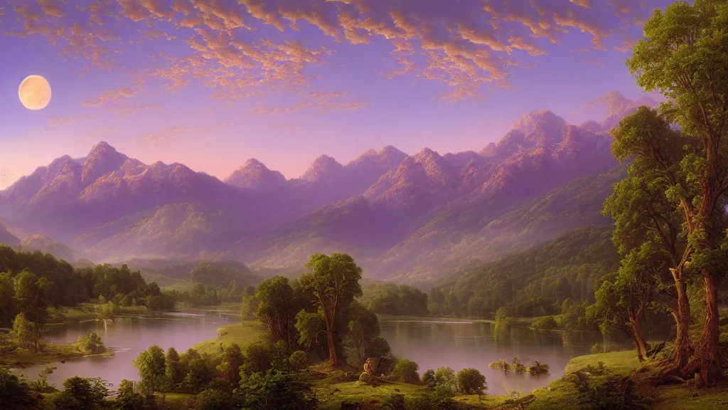 Image similar to Panoramic painting where the mountains are towering over the valley below their peaks shrouded in mist. The moon is just peeking over the horizon and the purple sky is covered with stars and clouds. The river is winding its way through the valley and the trees are blue and pink, by Thomas Kincade