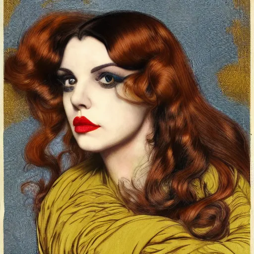 Image similar to hybrid of judy garland and lady gaga, brown fringe, large full hollywood lips, large downslanted eyes, reclining cool stylish, yellow ochre ornate medieval dress, john william waterhouse, kilian eng, rosetti, john everett millais, william holman hunt, william morris, 4 k