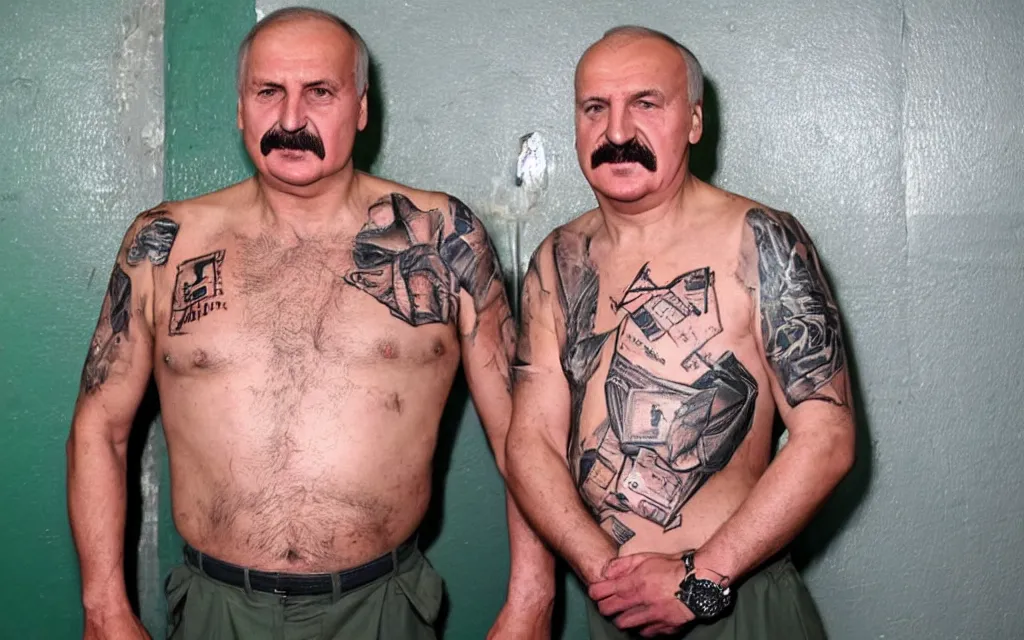 Image similar to famous photo of alexander lukashenko with torso covered with criminal tattoo photo by journalists high quality face