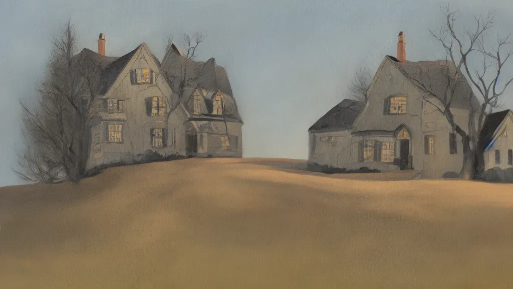 Prompt: a beautiful painting by Charles Addams of a house on a lonely hill, trending on artstation