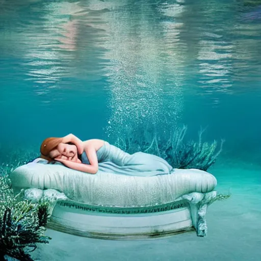 Image similar to sleeping beauty underwater, ultrarealistic photograph,