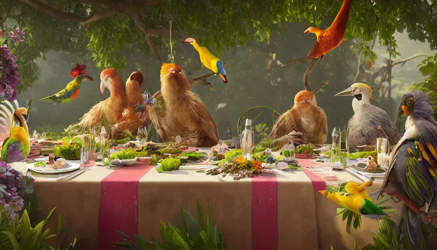 Image similar to a table dinner of exotic birds where birds are dressed like the characters from the midsommar movie wearing flowers, realistic detailed digital art by maxwell boas jessica rossier christian dimitrov anton fadeev trending on artstation cgsociety rendered in unreal engine 4 k hq