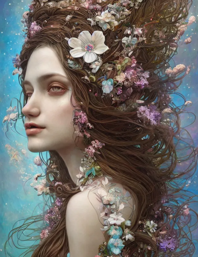 Image similar to organic goddess with flowers in hair, holographic white plastic and driftwood, fantasy, intricate, elegant, highly detailed, lifelike, photorealistic, digital painting, artstation, illustration, smooth, sharp focus, art by scott davidson, albert aublet, krenz cushart, artem demura, mucha