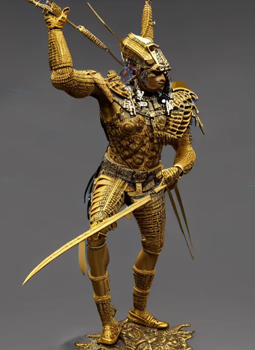 Prompt: intricate sculpture of an aztec warrior, ulta high detail, subtle gold accents, sculpted by craig mullins, yoji shinkawa, trending on artstation, hyper detailed, insane details, intricate, ornate, elegant, luxury, dramatic lighting, cgsociety, art, octane render, weta digital, micro details, 3 d sculpture, structure, ray trace 4 k