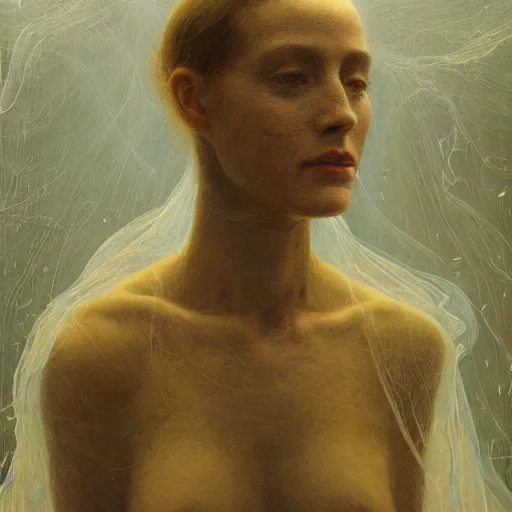 Image similar to portrait of a woman, covered in transparent cloth, plastic, thunder clouds, flat background, Masterpiece, glowing, wires everywhere, by Edgar Maxence and Ross Tran, Zdzisław Beksiński, and Michael Whelan, distant, gustav dore, H.R. Giger, 8k, octane render
