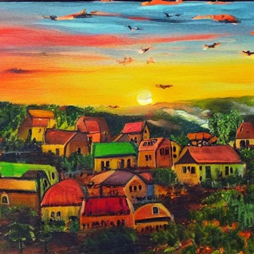 Image similar to colorful painting of a village witnessing sunset