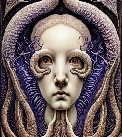 Prompt: detailed realistic beautiful squid goddess face portrait by jean delville, gustave dore, iris van herpen and marco mazzoni, art forms of nature by ernst haeckel, art nouveau, symbolist, visionary, gothic, neo - gothic, pre - raphaelite, fractal lace, intricate alien botanicals, ai biodiversity, surreality, hyperdetailed ultrasharp octane render
