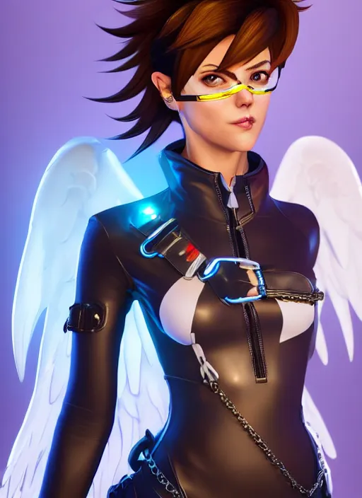 Image similar to portrait bust digital artwork of tracer overwatch, wearing white iridescent rainbow latex and leather straps catsuit outfit, 4 k, expressive happy smug expression, makeup, in style of mark arian, angel wings, wearing detailed black leather collar, chains, black leather harness, detailed face and eyes,