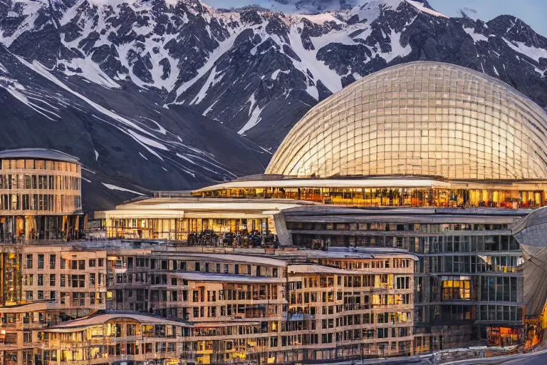 Image similar to architecture photo modern fachwerk giant opera building settlement with Elbrus mountain on the background, architecture, photorealism 8k , shining and happy atmosphere, uplight, high details