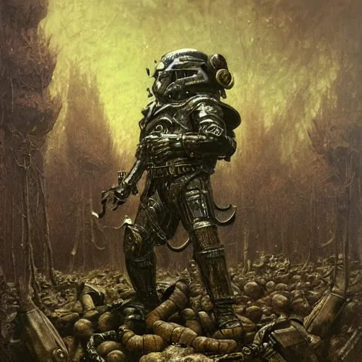 Image similar to Stoned steampunk stormtrooper shoot at drunk mad mushroom-werewolf by Gustave Doré, Greg Rutkowski, Zdzisław Beksiński